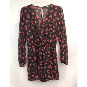 Express Faux Wrap Romper Womens size S Black Red Floral Lined Keyhole Back